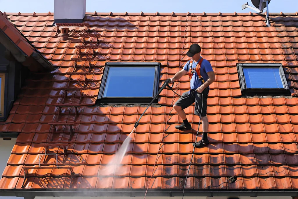 Experienced technician applying low-pressure cleaning solution across stained residential shingles